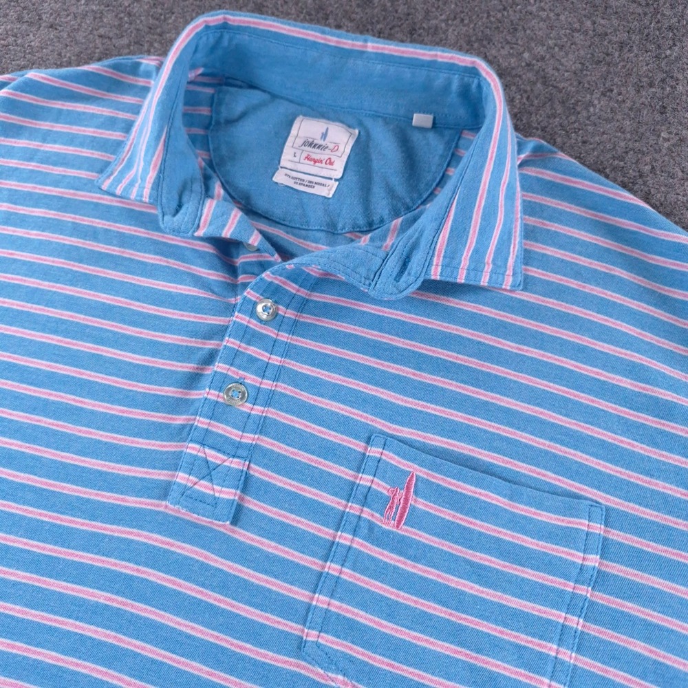 Johnnie-O Hangin Out Matthiss Polo Shirt Mens Large Blue Pink Striped JMPO7180